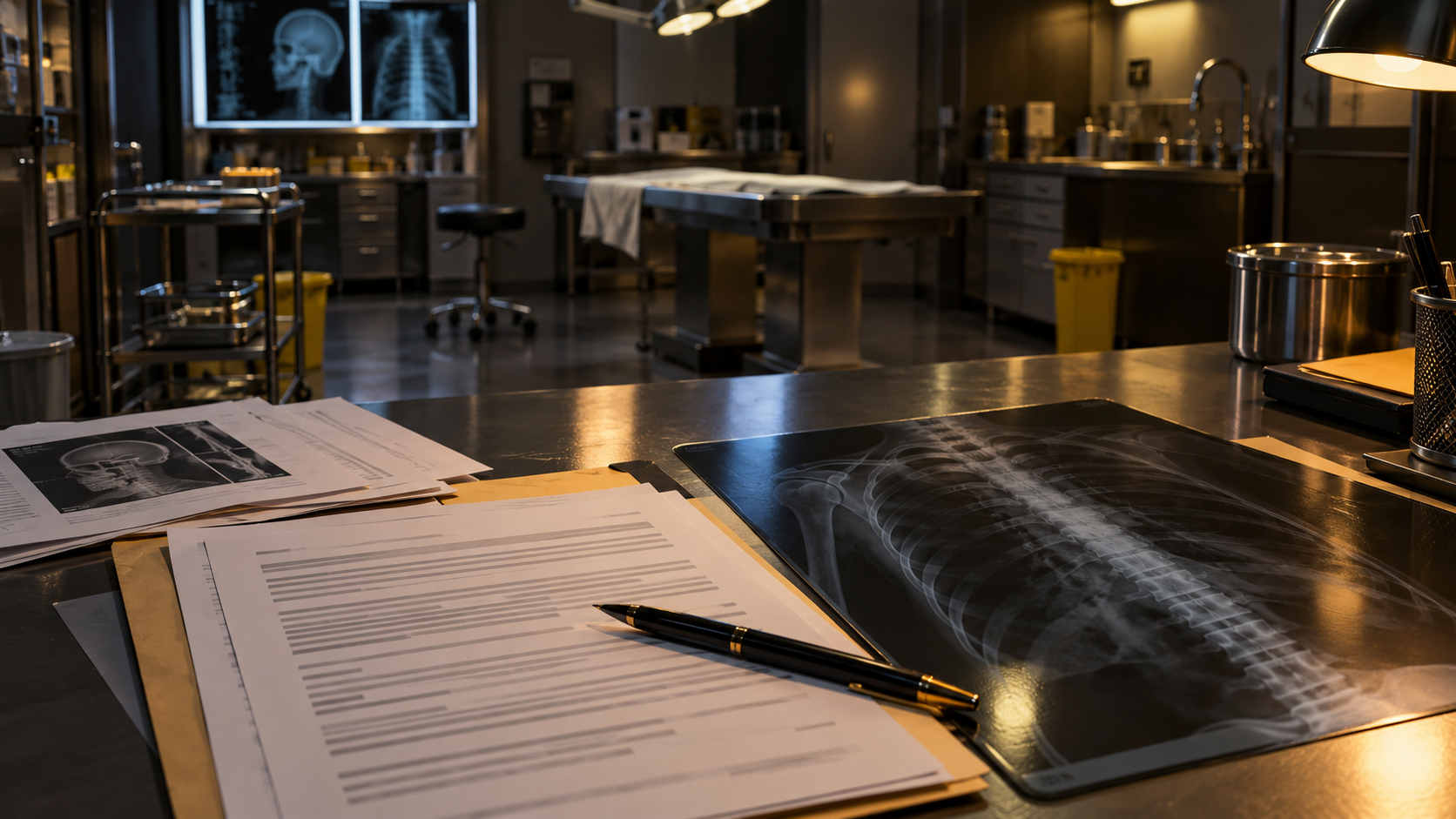 Composición ilustrativa de documentación médica y radiografías en un espacio forense